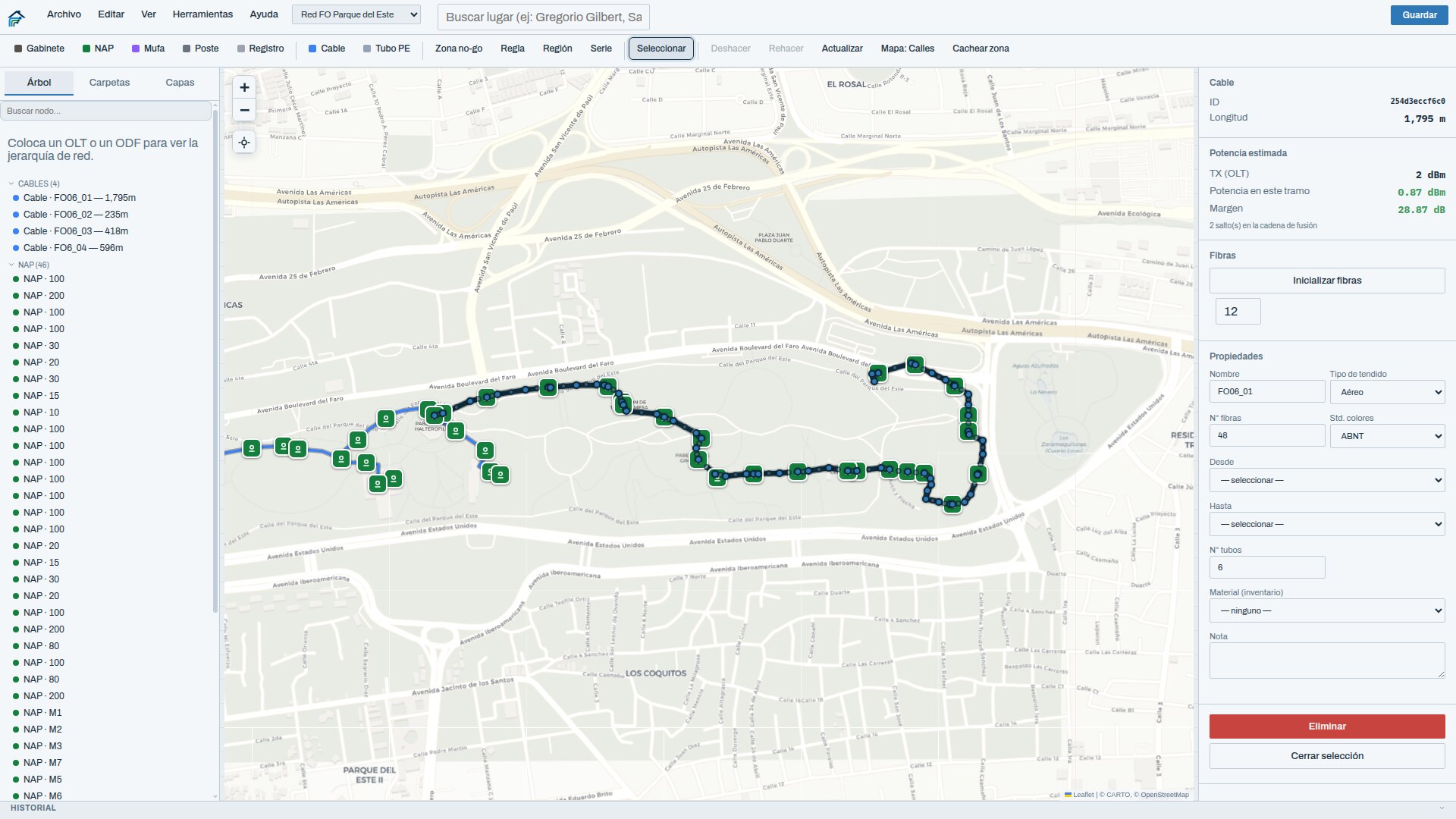 Diseño de red de fibra del área Parque del Este: troncal FO06 sobre mapa